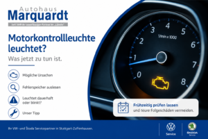 Banner für Autohaus Marquardt: Linke Seite mit Servicepunkten, rechte Seite ein Tachometer mit gelber Motorleuchte; blauer Akzentrand.
